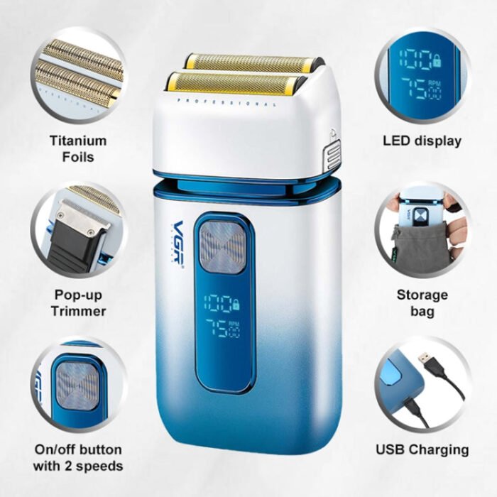 VGR V-362 5W USB Reciprocating Electric Shaver Bald Head Hair Clipper(Sky Blue) - Image 5