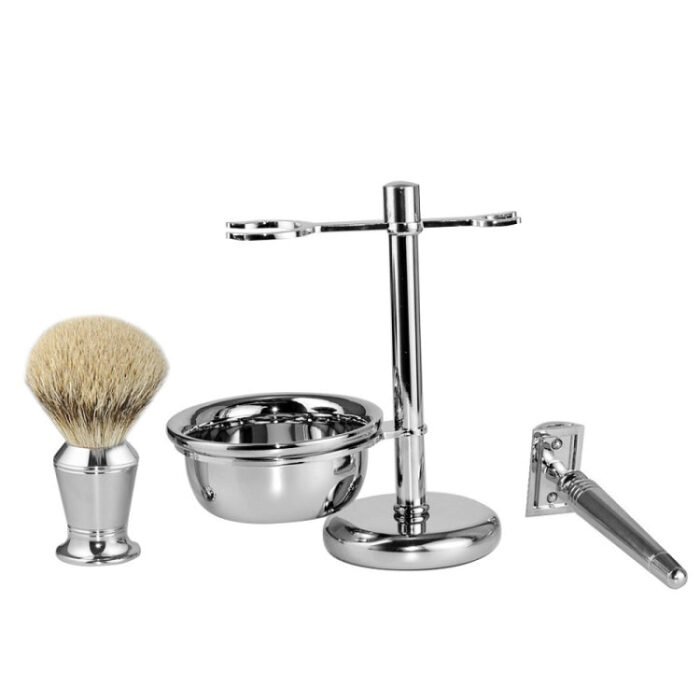 Men Manual Vintage Metal Shaver Stand Set(Silver) - Image 2
