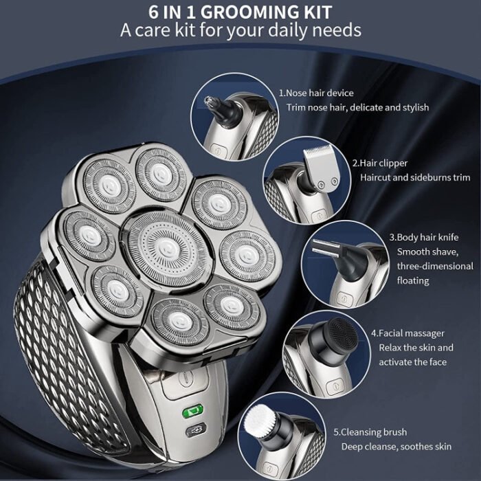 6 In 1 9 Knife Head Multifunctional USB Shaver Full Body Water Washing Shaver Men Hair Bald - Image 3